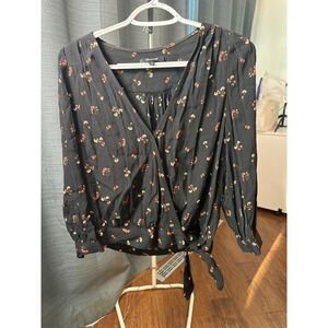 Madewell Black Floral Print Wrap Tie Long‎ Sleeve Blouse Women's Size S
